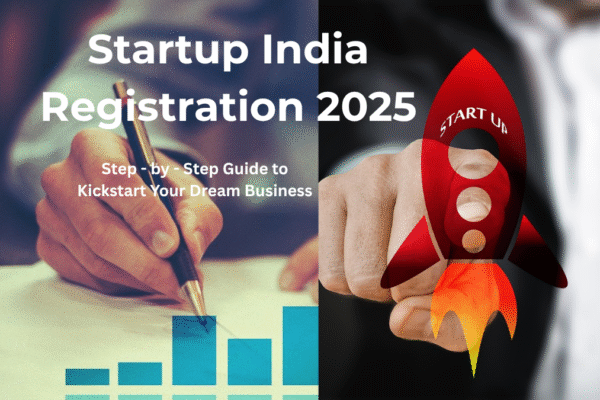 A person signing business documents with growth chart and rocket labeled 'Start Up' — visualizing Startup India Registration 2025 process