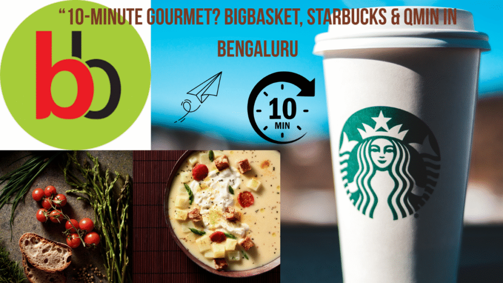 BigBasket 10-minute delivery Bengaluru partnership with Starbucks and Qmin, visualized with gourmet coffee and fresh food.