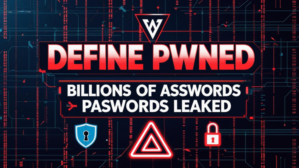 Define Pwned title graphic showing Billions of Passwords. Leaked with cybersecurity icons like a shield, warning triangle, and lock on a digital glitch background.