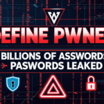 Define Pwned title graphic showing Billions of Passwords. Leaked with cybersecurity icons like a shield, warning triangle, and lock on a digital glitch background.