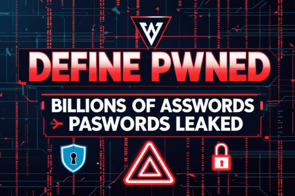 Define Pwned: How 16 Billion+ Passwords Were Exposed in One of the Largest Leaks Define Pwned title graphic showing Billions of Passwords. Leaked with cybersecurity icons like a shield, warning triangle, and lock on a digital glitch background.