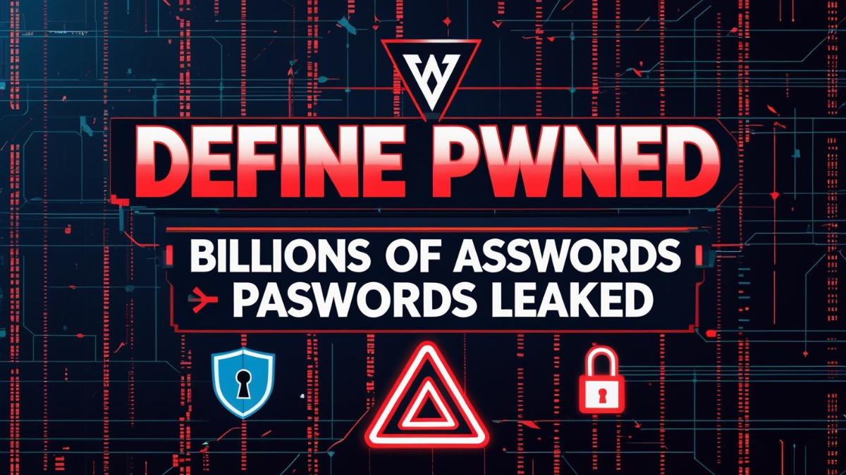 Define Pwned title graphic showing Billions of Passwords. Leaked with cybersecurity icons like a shield, warning triangle, and lock on a digital glitch background.
