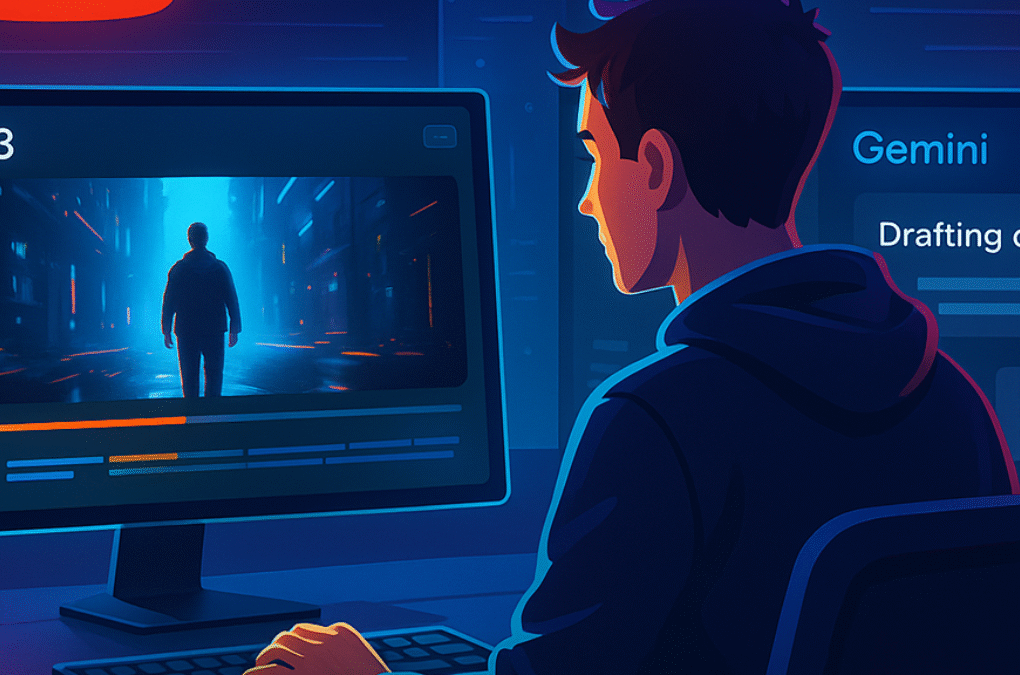 Creator using Google Gemini 2.5 and Veo 3 AI tools for content drafting and cinematic video editing on screen – showcasing advanced AI content creation workflow in 2025