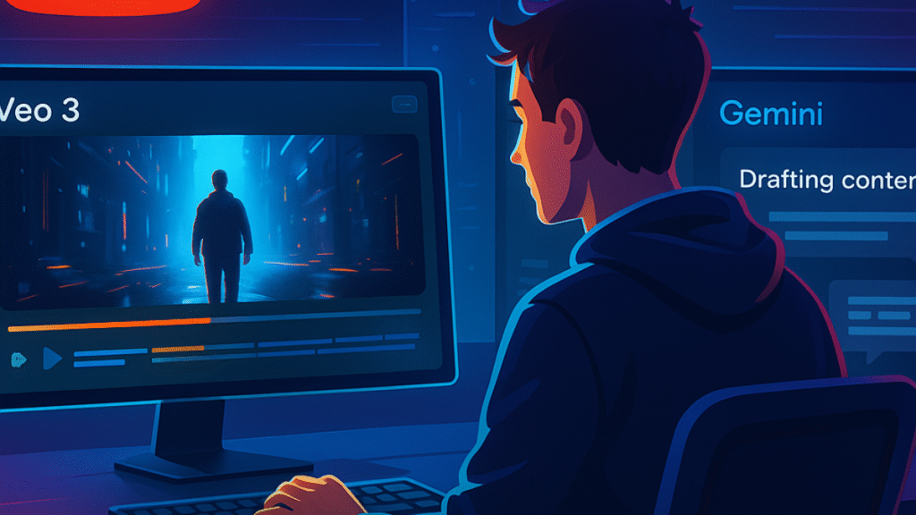 Creator using Google Gemini 2.5 and Veo 3 AI tools for content drafting and cinematic video editing on screen – showcasing advanced AI content creation workflow in 2025