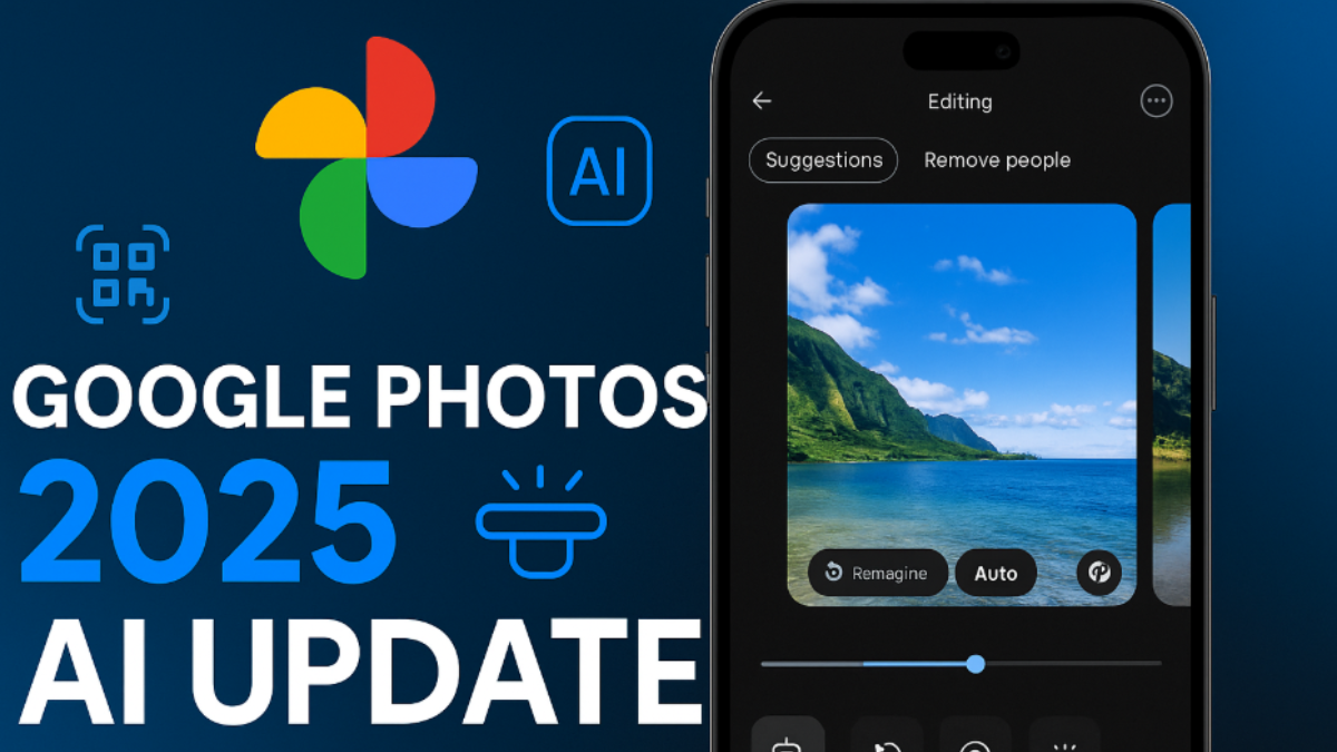 Google Photos AI Editor Update 2025 showcasing new smart editing interface with AI-powered Reimagine and Auto tools on smartphone screen.