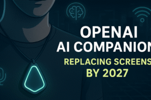 Person wearing the OpenAI AI Companion 2027 wearable device, representing the future of screenless AI technology.