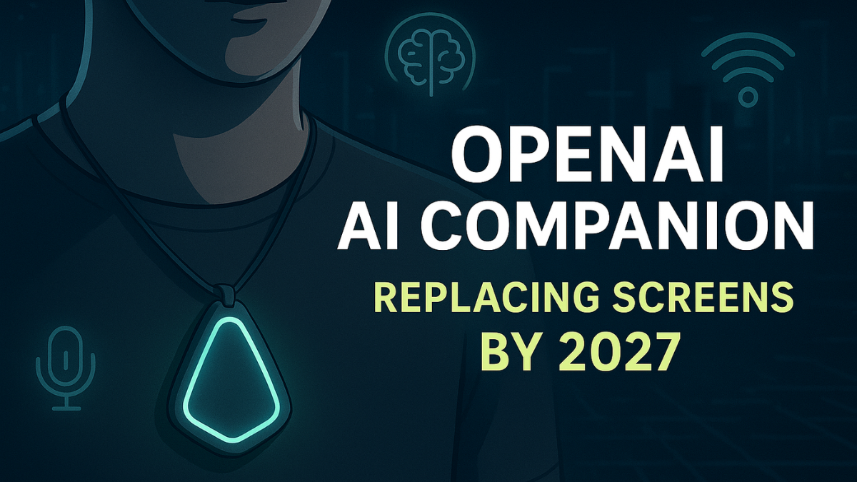 Person wearing the OpenAI AI Companion 2027 wearable device, representing the future of screenless AI technology.
