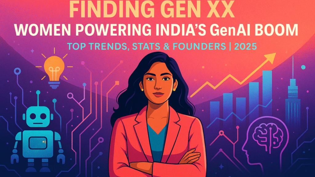 Illustration of a confident Indian woman in a blazer representing women-led GenAI startups in India, surrounded by AI icons, brain and robot graphics, growth charts, and futuristic cityscape, symbolizing innovation, leadership, and technology trends in 2025.