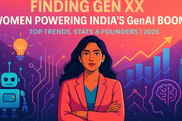 Illustration of a confident Indian woman in a blazer representing women-led GenAI startups in India, surrounded by AI icons, brain and robot graphics, growth charts, and futuristic cityscape, symbolizing innovation, leadership, and technology trends in 2025.