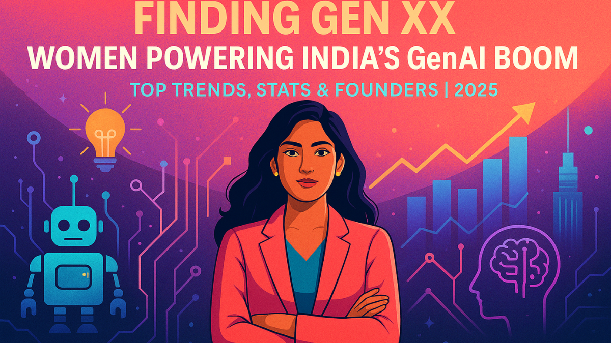 Illustration of a confident Indian woman in a blazer representing women-led GenAI startups in India, surrounded by AI icons, brain and robot graphics, growth charts, and futuristic cityscape, symbolizing innovation, leadership, and technology trends in 2025.