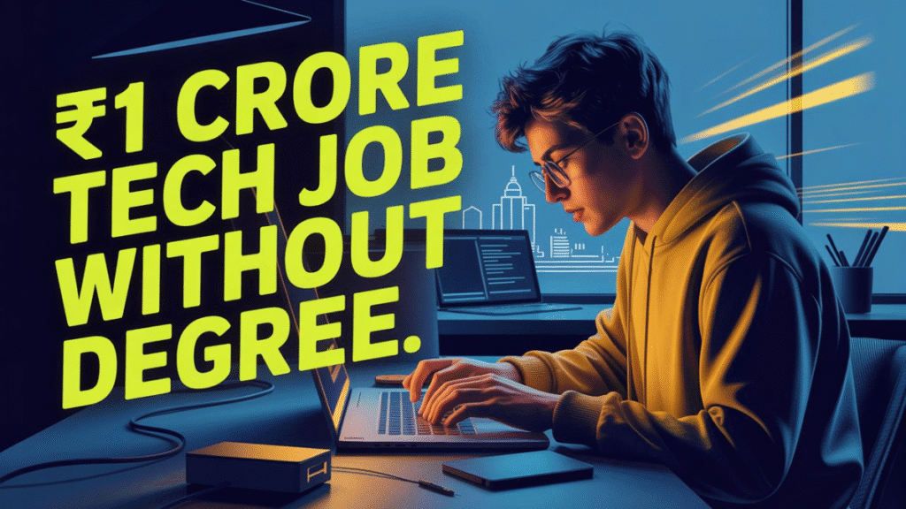 Young developer coding on laptop with text ‘₹1 crore tech job without degree’ — visual for Bengaluru startup’s no-degree hiring post.