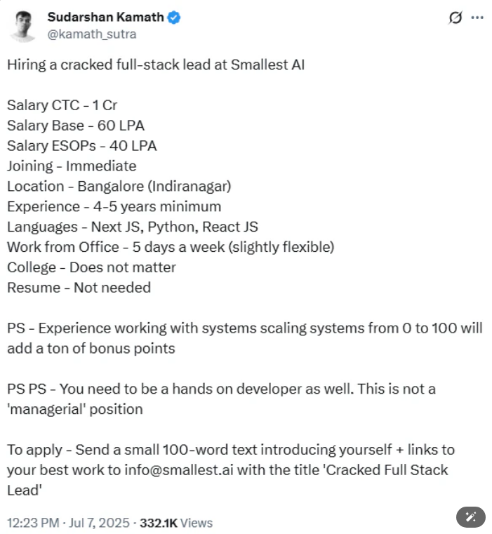 ₹1 crore tech job without degree – viral job post screenshot