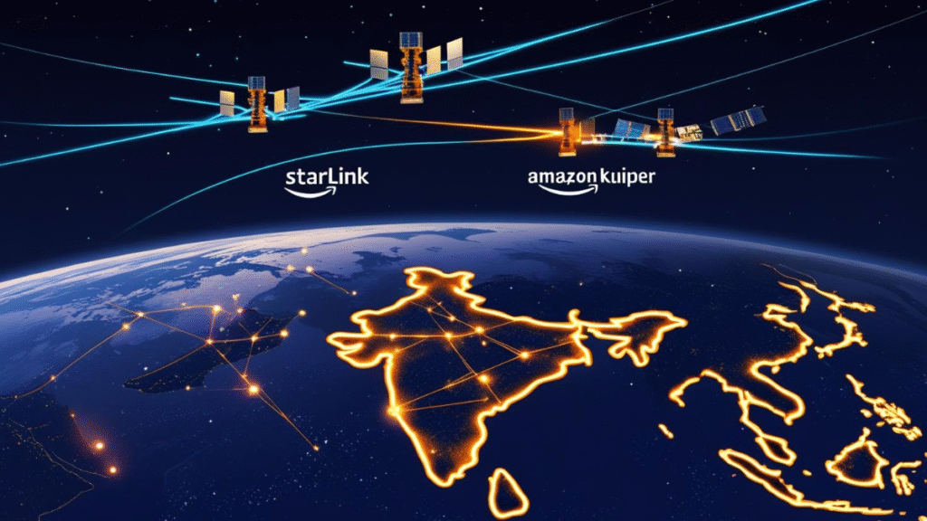 Illustration of Starlink and Amazon Kuiper satellites beaming satellite internet in India, highlighting pan-India digital connectivity and global satellite coverage.