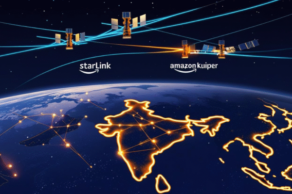 Satellite Internet in India: Starlink vs Amazon Kuiper — The Ultimate Battle to Power Digital Bharat Illustration of Starlink and Amazon Kuiper satellites beaming satellite internet in India, highlighting pan-India digital connectivity and global satellite coverage.