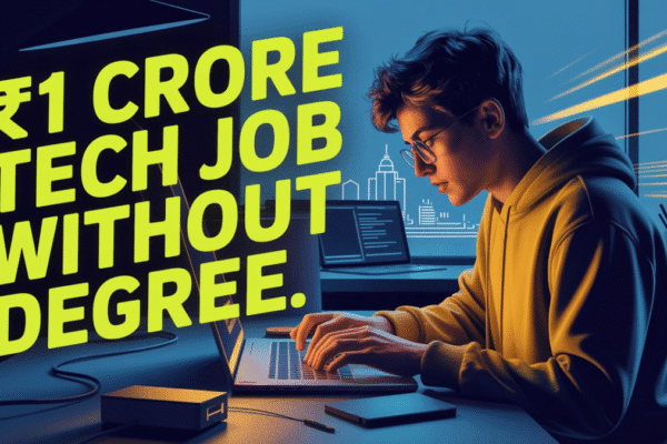 Land an Incredible ₹1 Crore Tech Job Without Degree—India’s Most Disruptive Offer Yet Young developer coding on laptop with text ‘₹1 crore tech job without degree’ — visual for Bengaluru startup’s no-degree hiring post.