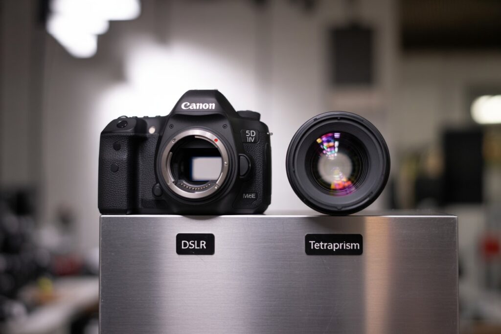 Comparison graphic showing DSLR camera lens versus iPhone’s tetraprism telephoto lens, highlighting how smartphone optics achieve similar zoom in compact design.