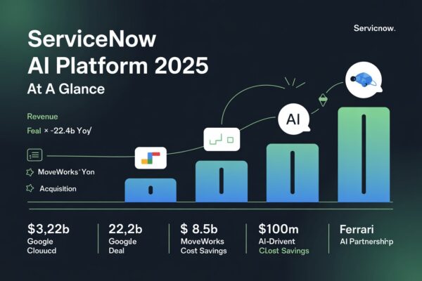 "Sleek tech-themed thumbnail featuring AI workflow automation, cloud servers, and digital analytics with text overlay: The Second Wave of Enterprise AI – ServiceNow AI Platform 2025.