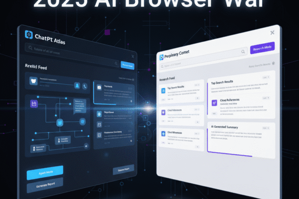 Split-screen visualization of ChatGPT Atlas agent mode and Perplexity Comet research feed.