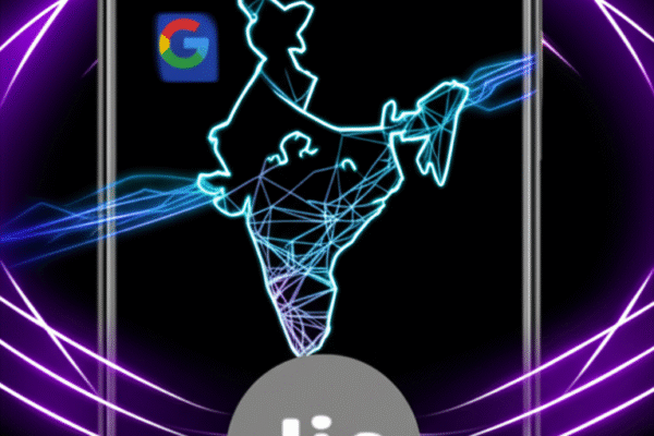 “Thumbnail image showing the Google and Jio logos connected by data lines over a map of India, symbolizing the Google Jio Gemini partnership and AI innovation.”