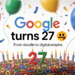 Thumbnail image of Google’s 27th birthday doodle with colorful cake, balloons, and the number 27 candles