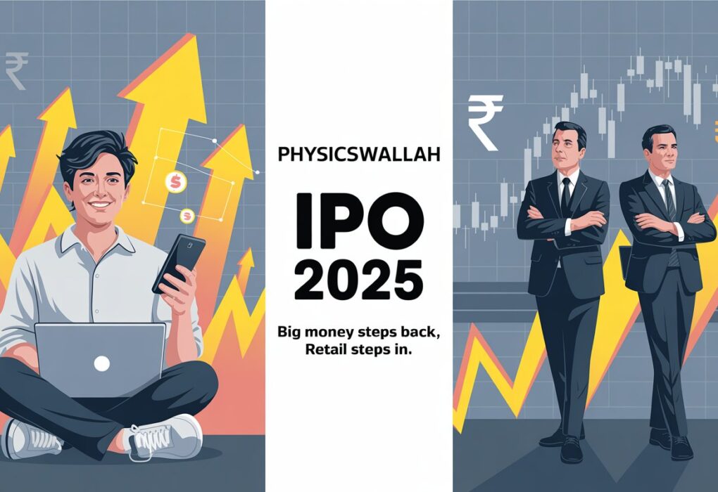 PhysicsWallah IPO 2025 thumbnail showing contrast between retail investors and institutional investors during listing week.