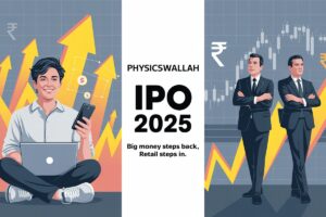 PhysicsWallah IPO 2025 thumbnail showing contrast between retail investors and institutional investors during listing week.