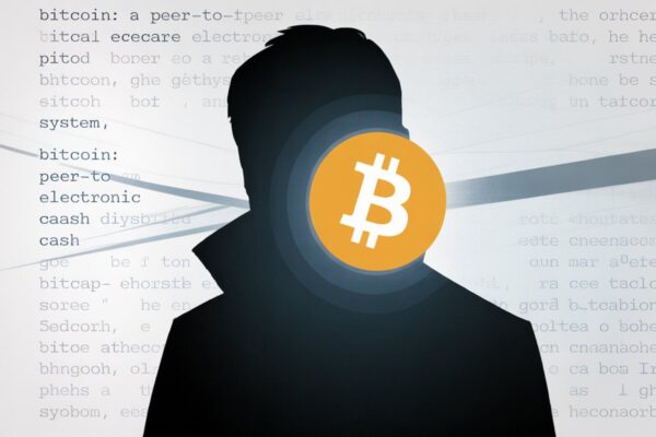 Silhouette of Satoshi Nakamoto with glowing Bitcoin logo and whitepaper text, representing Bitcoin Whitepaper’s 17th anniversary.