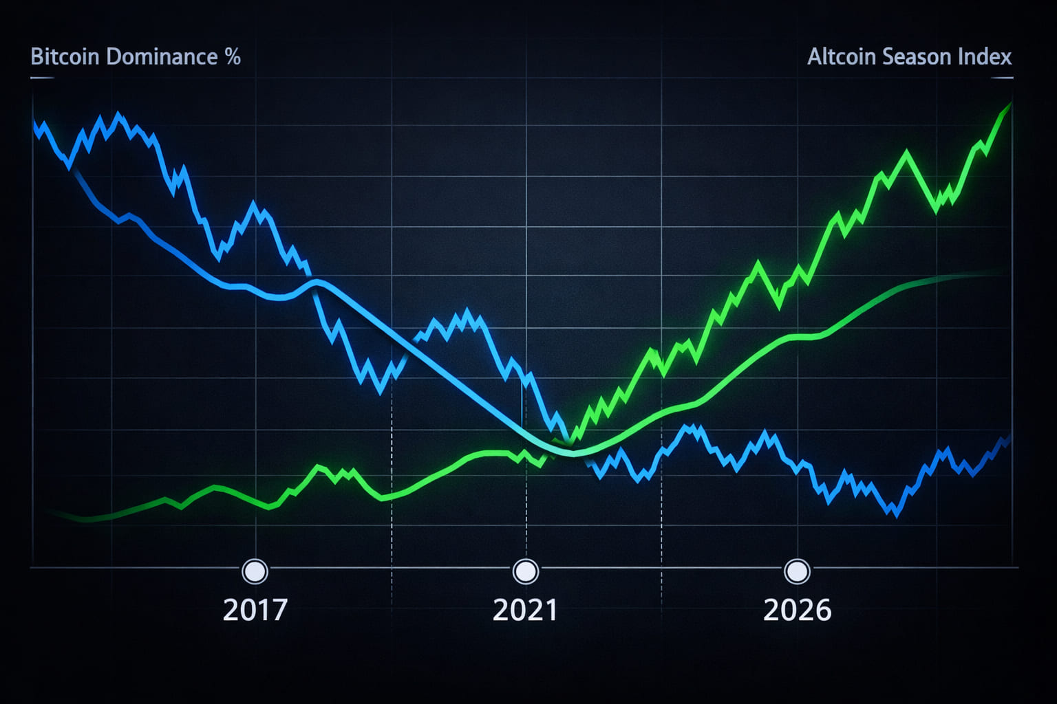 Bitcoin dominance chart showing altcoin season correlation 2017 2021 2026