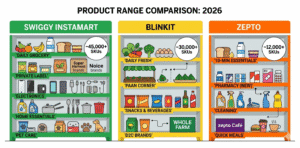 Zepto vs Blinkit vs Swiggy Instamart product range comparison 2026 — SKU count and categories 