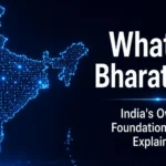 What is BharatGen - India's sovereign AI foundation model explained Canva: dark navy background, glowing India map outline made of small circuit-node dots, bold white text "What Is BharatGen?
