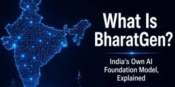 What is BharatGen - India's sovereign AI foundation model explained Canva: dark navy background, glowing India map outline made of small circuit-node dots, bold white text "What Is BharatGen?