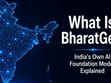What is BharatGen - India's sovereign AI foundation model explained Canva: dark navy background, glowing India map outline made of small circuit-node dots, bold white text "What Is BharatGen?