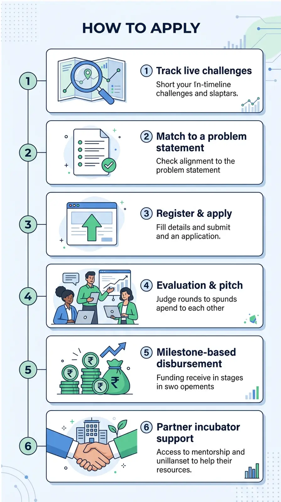 Infographic showing the 6-step iDEX grant application process from tracking challenges to milestone funding
