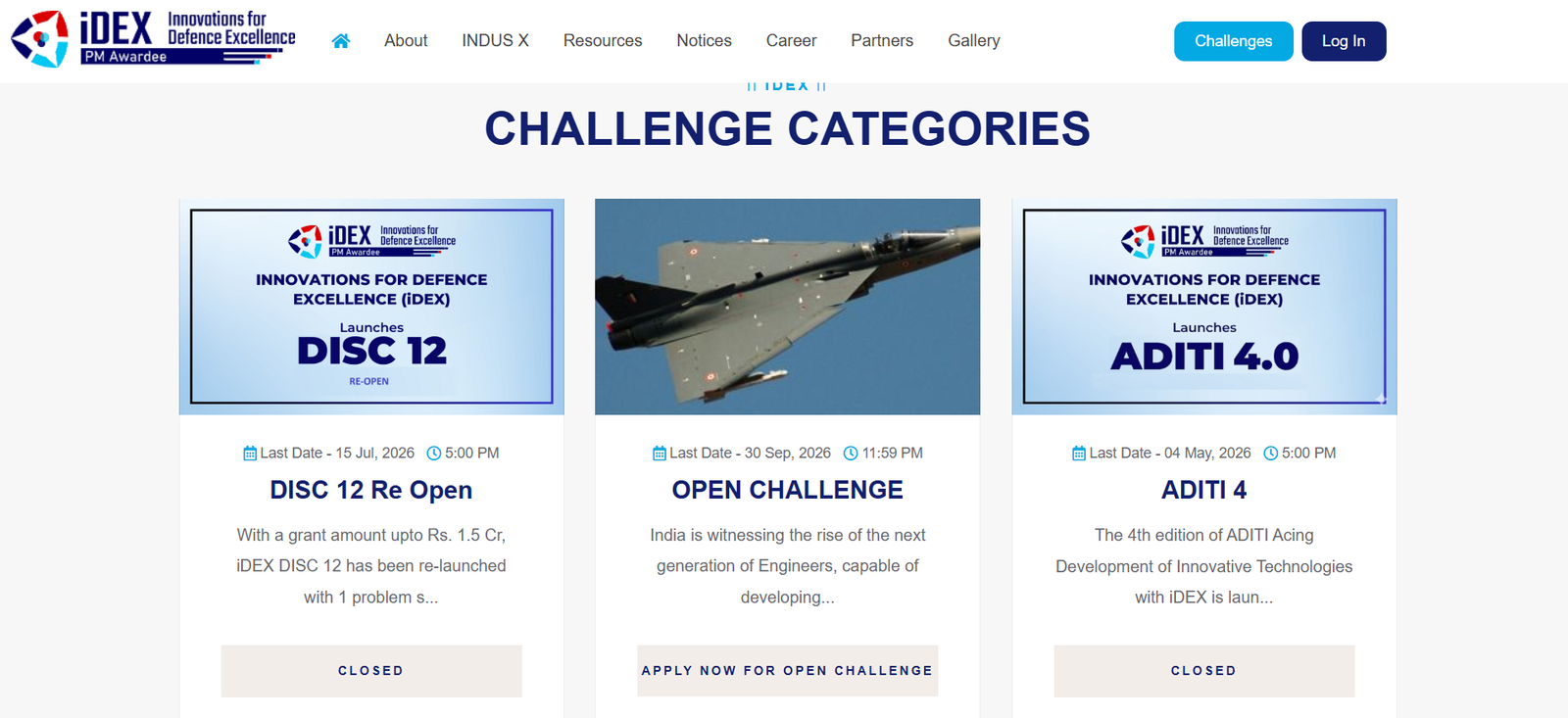 Screenshot of the idex.gov.in Challenges page listing live DISC problem statements