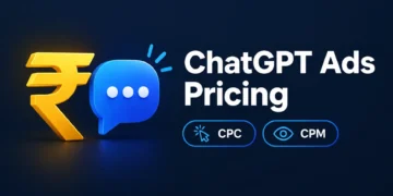 ChatGPT Ads Manager pricing India dashboard showing ₹725 daily minimum, campaign budget, CPC and CPM metrics.