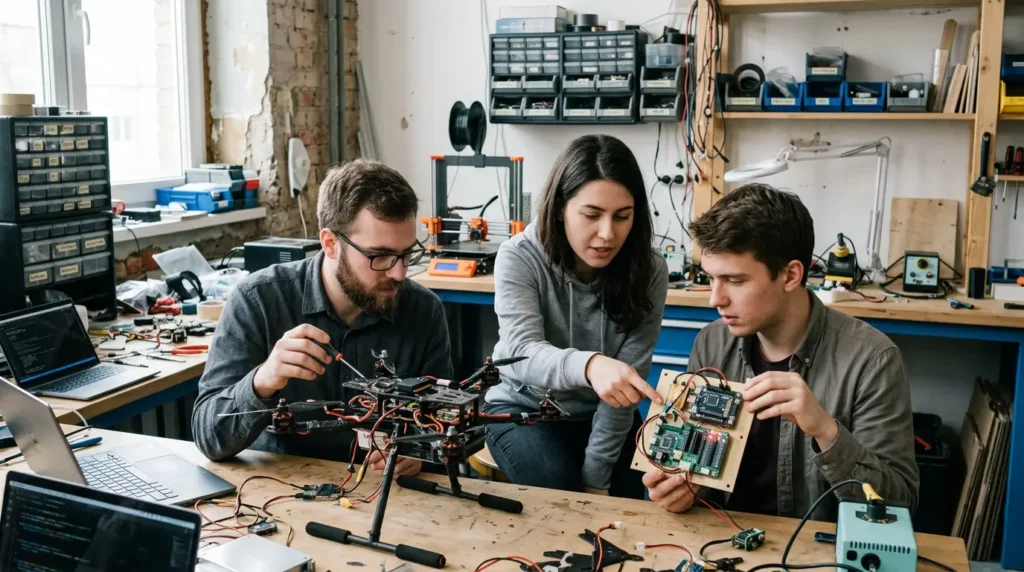 Startup engineering team reviewing a defense-tech hardware prototype in a workshop