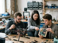 Startup engineering team reviewing a defense-tech hardware prototype in a workshop