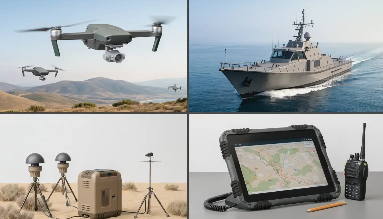 Grid of Indian defense-tech startup products including drones and surveillance systems