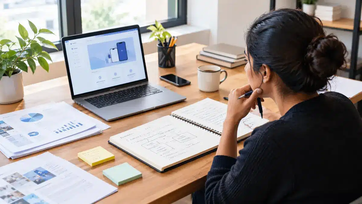 Founder planning how to validate a startup idea with a notebook, a chat and a checklist